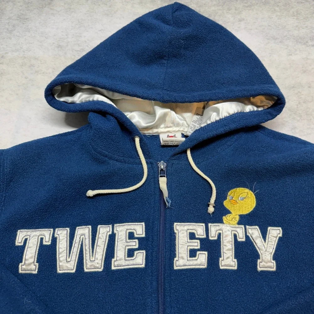 Vintage Looney Tunes Tweety Bird Fleece Zip Up Hoodie Navy Blue Large Y2K - Picture 2 of 7